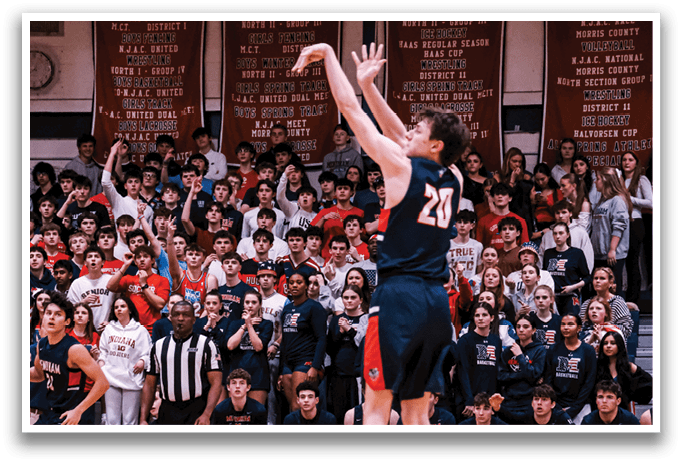 A basketball player is jumping in the air to shoot the ball. AI generated content