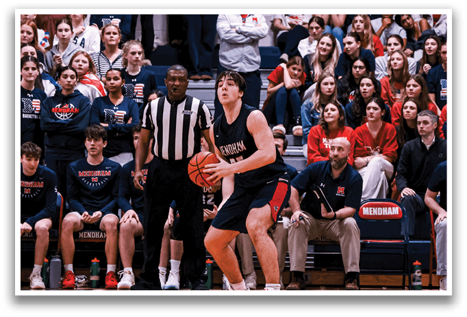 A basketball player is holding a ball while standing in front of a referee and a crowd of people. AI generated content