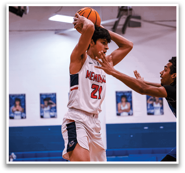 Two basketball players are playing on a court. One player is attempting to block the other player's shot. AI generated content
