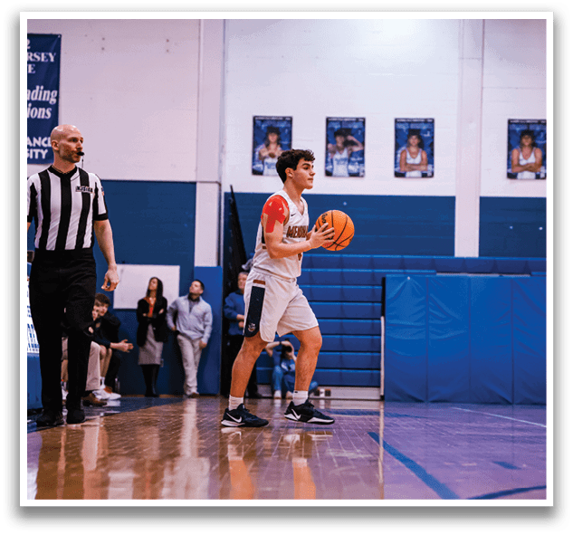 A basketball player holding a ball on the court. AI generated content