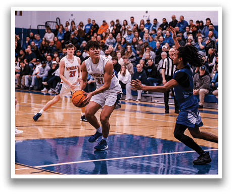 A basketball game is taking place with a player holding the ball and two other players trying to get it. The crowd is watching the game intently. AI generated content