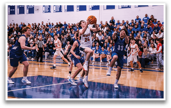 A basketball player is jumping to catch a ball while other players look on. AI generated content