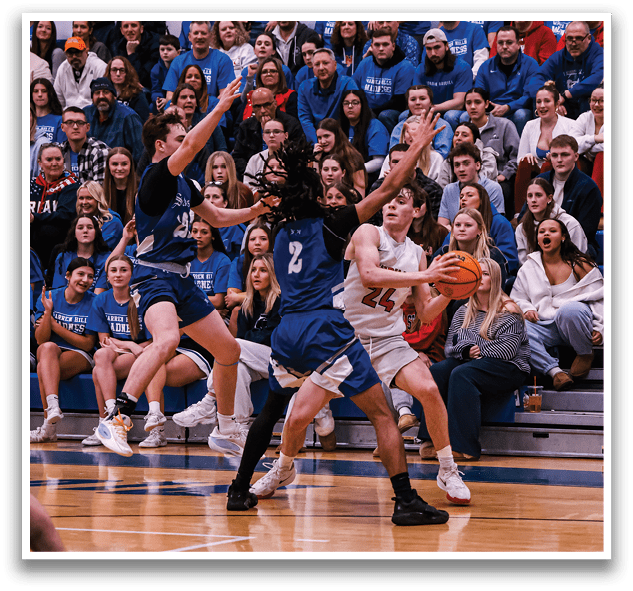 A group of people playing basketball with a crowd watching. AI generated content