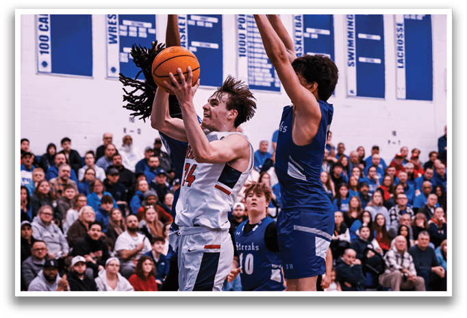Two basketball players jumping for the ball. AI generated content