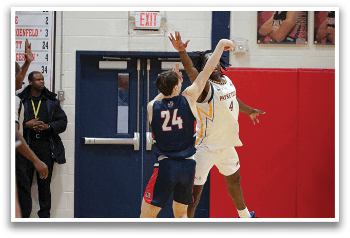 A basketball game is in progress with two players on the court, one of them attempting to shoot the ball. The other player is trying to block the shot. AI generated content