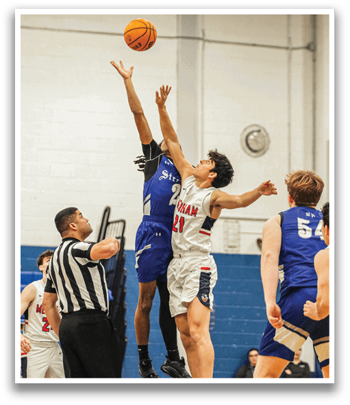 A basketball game is in progress with two players jumping for the ball. The referee is watching closely as the players try to gain possession. AI generated content