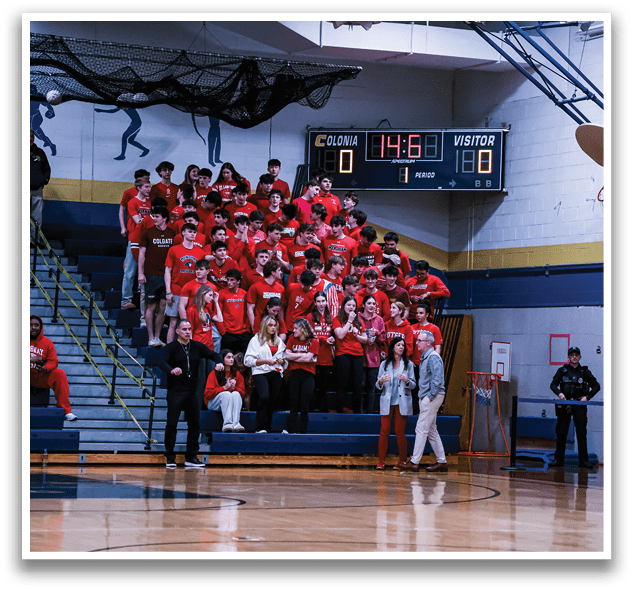 A group of people are standing on a basketball court, wearing red shirts. AI generated content