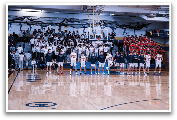 A basketball court with a group of people standing on it. AI generated content