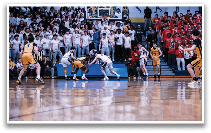 A group of people playing basketball on a court, with one player falling to the ground. AI generated content