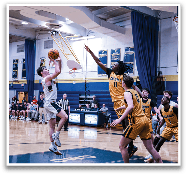 Basketball players on a court, one of them holding a basketball. AI generated content