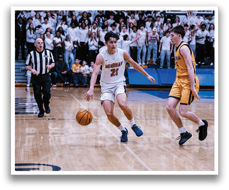 Two basketball players on a court, one wearing a yellow jersey and the other wearing a white jersey. AI generated content