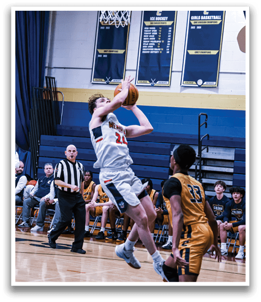 A basketball player leaps in the air to grab the ball. AI generated content