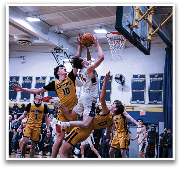 Two basketball players are fighting for a rebound, with one player jumping in the air to gain possession of the ball. AI generated content