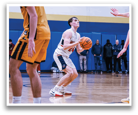 Basketball players on a court, one holding a ball, another with a hand up, and a third player with a hand out. AI generated content