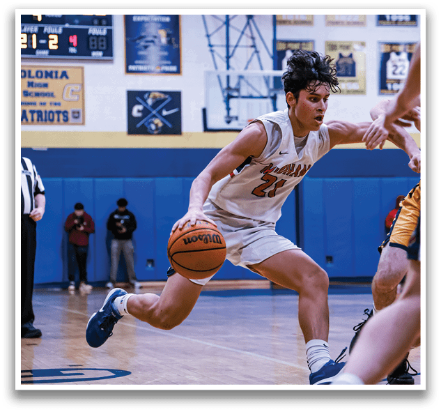 A basketball player wearing a white uniform is running with a basketball in his hand. AI generated content