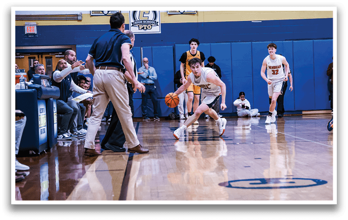 A group of young men playing basketball on a court. AI generated content