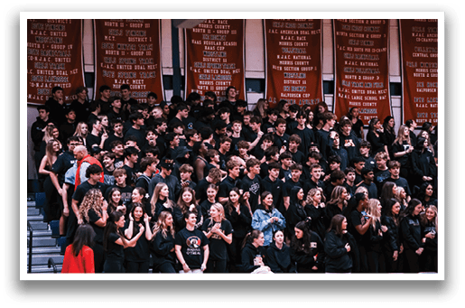 A large group of people are sitting in a stadium, watching a game. They are wearing black shirts and are seated on chairs. Some of the people are holding cell phones. AI generated content