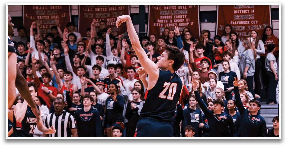 A basketball player is in the middle of a game, holding the ball and preparing to shoot. The crowd is watching intently, and there are several people on the court, including teammates and opponents. AI generated content