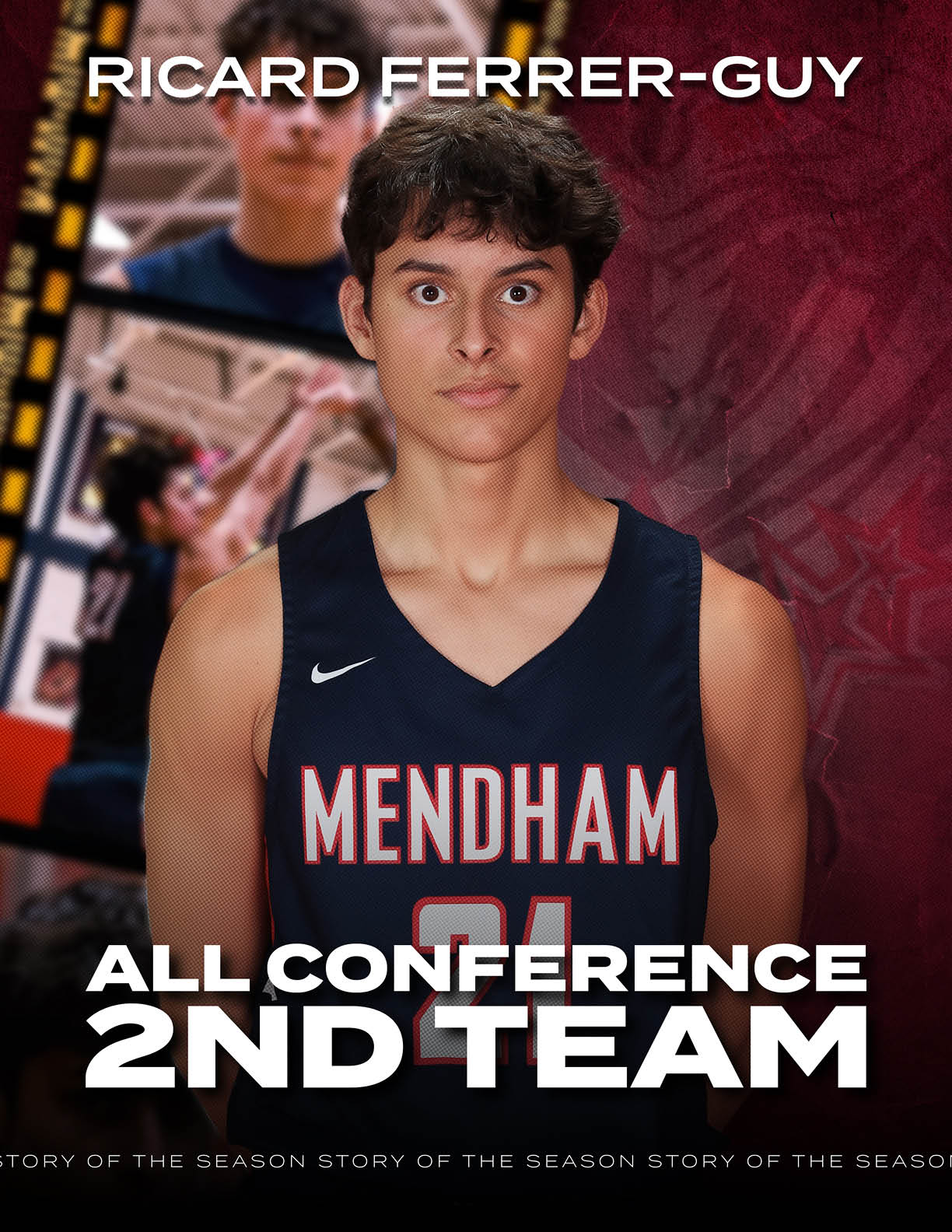 A young man wearing a basketball jersey with the word Mendham on the front. AI generated content