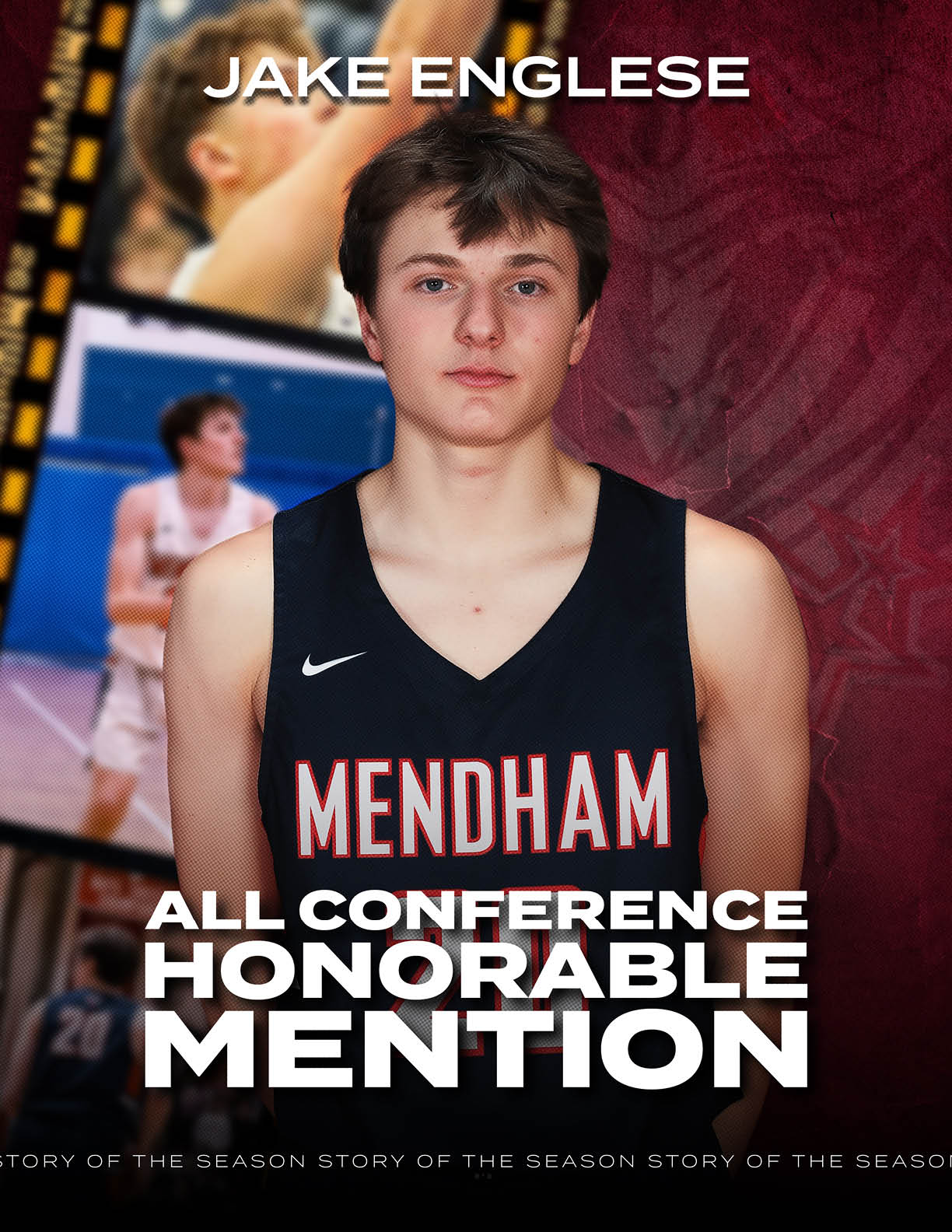 A young man wearing a basketball jersey with the word Mendham on the front. AI generated content
