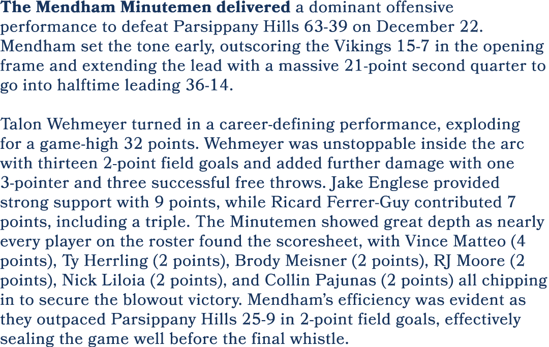 The Mendham Minutemen delivered a dominant offensive performance to defeat Parsippany Hills 63 39 on December 22. Men...
