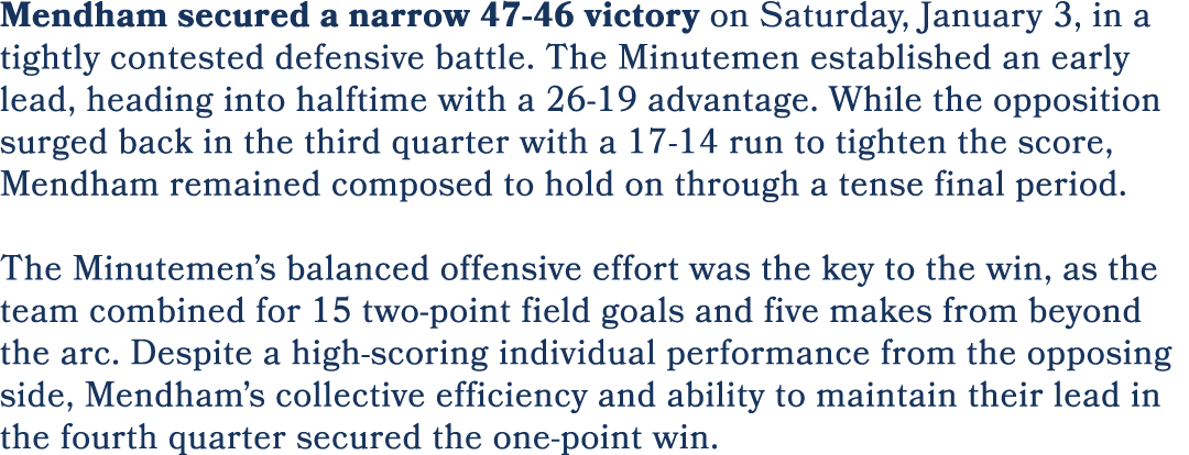 Mendham secured a narrow 47 46 victory on Saturday, January 3, in a tightly contested defensive battle. The Minutemen...