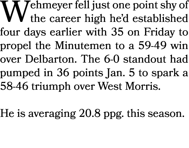 Wehmeyer fell just one point shy of the career high he’d established four days earlier with 35 on Friday to propel th...