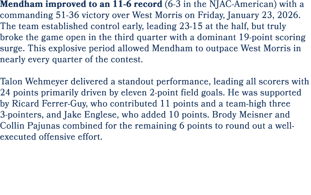 Mendham improved to an 11 6 record (6 3 in the NJAC American) with a commanding 51 36 victory over West Morris on Fri...
