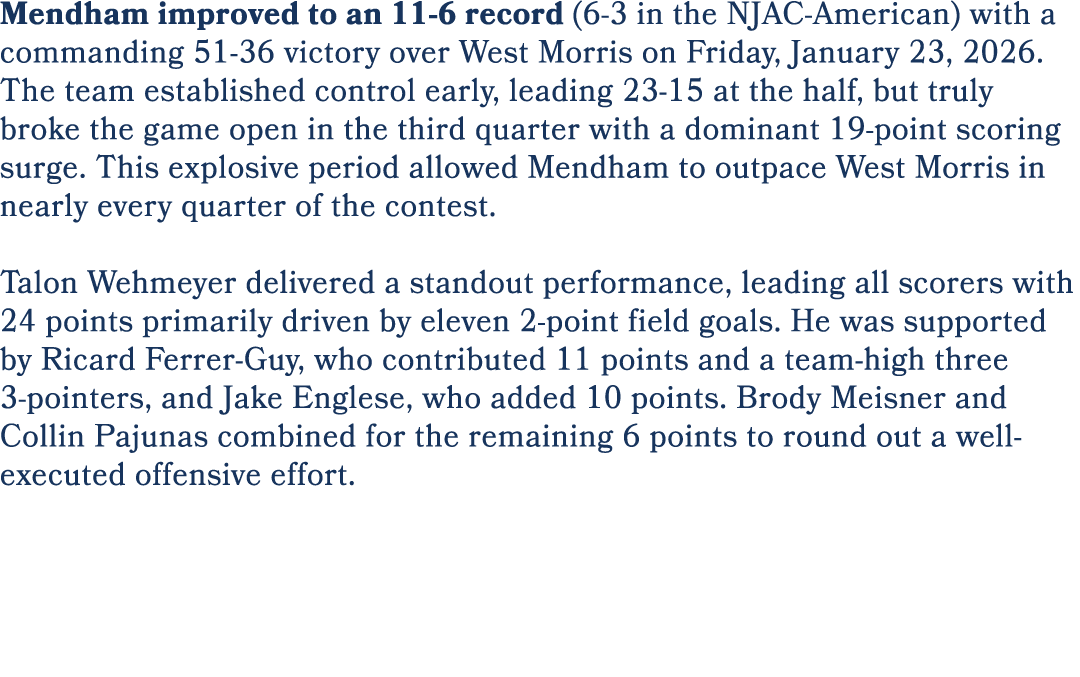 Mendham improved to an 11 6 record (6 3 in the NJAC American) with a commanding 51 36 victory over West Morris on Fri...