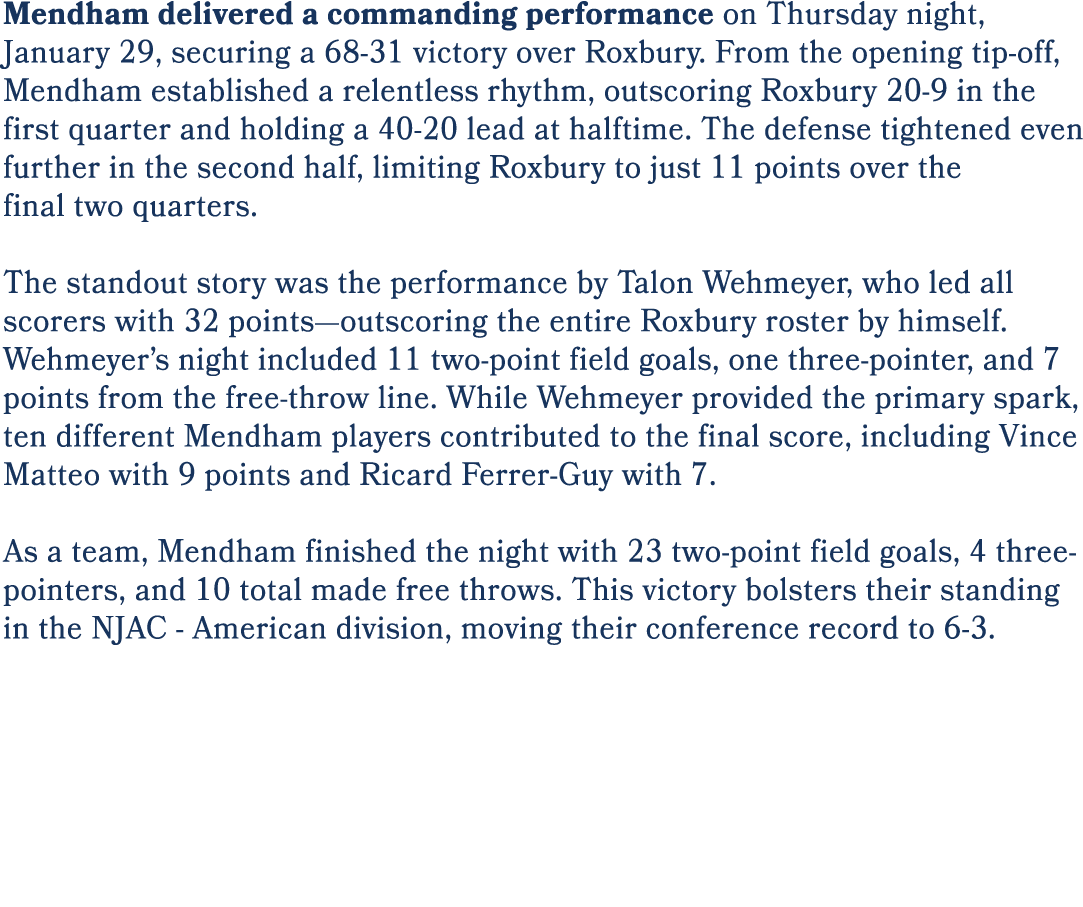 Mendham delivered a commanding performance on Thursday night, January 29, securing a 68 31 victory over Roxbury. From...