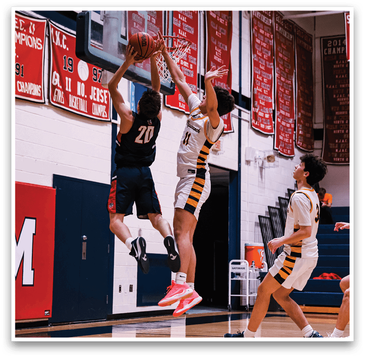 A basketball player is jumping in the air to shoot the ball. AI generated content