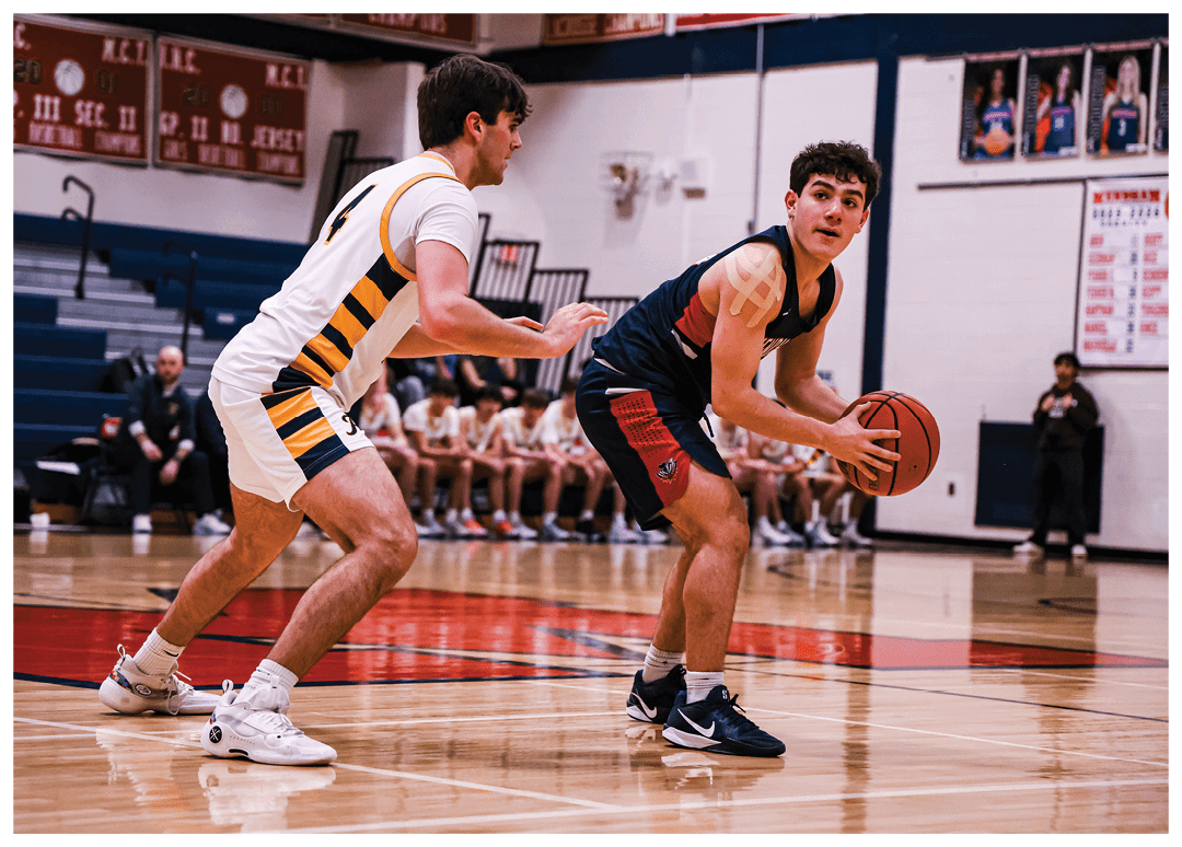 Two men playing basketball, one with a white jersey and the other with a yellow jersey. AI generated content
