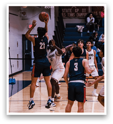 A group of people playing basketball on a court. AI generated content