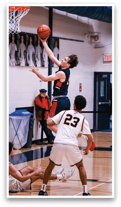 A basketball player is jumping in the air to score a point. AI generated content
