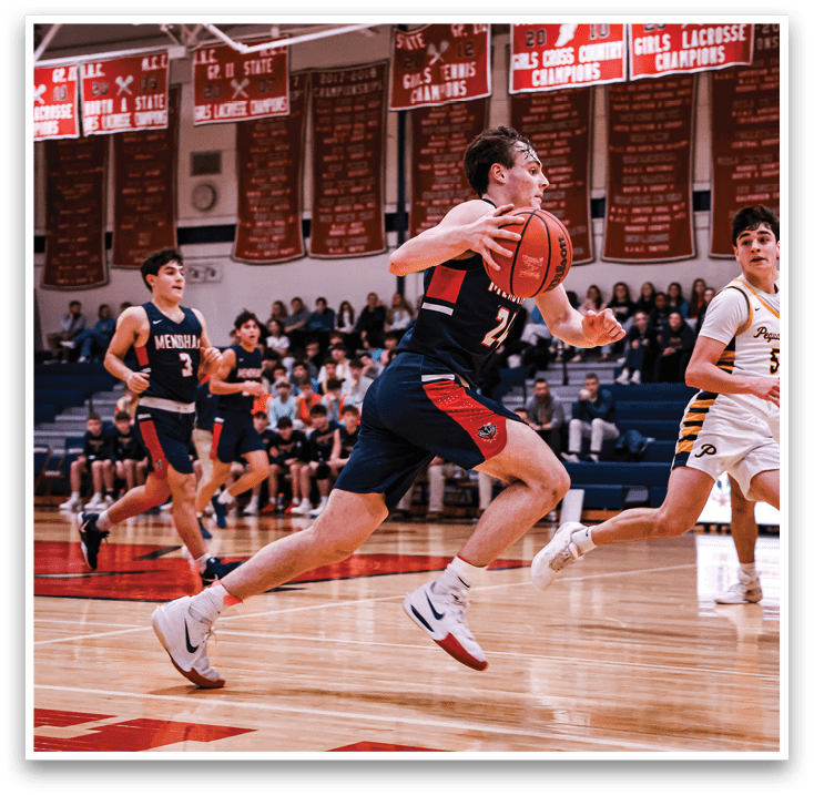 A basketball player is running with a ball in his hand, while other players are chasing him. AI generated content