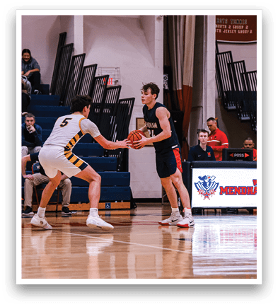 Two basketball players are on the court, one holding the ball and the other trying to block him. They are both wearing white uniforms. The scene is set in a gymnasium with a crowd of people watching the game. AI generated content