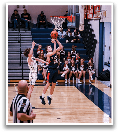 Basketball players on a court, one of them jumping to shoot the ball. AI generated content