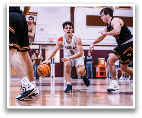 A basketball player is running with the ball, while another player tries to block him. AI generated content