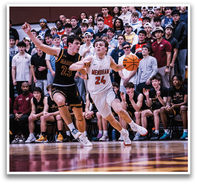 A basketball player is running with the ball while other players chase him. AI generated content