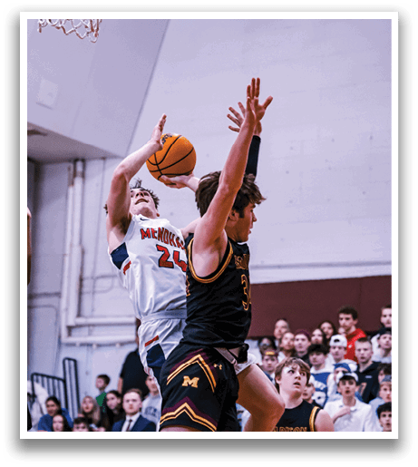 Two basketball players are fighting for the ball in the air. AI generated content