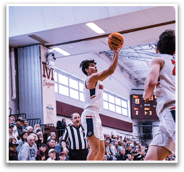 A basketball player is jumping in the air to shoot the ball. AI generated content