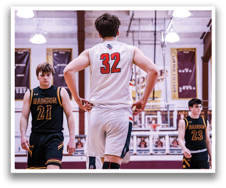 Three basketball players on a court, one wearing a white jersey with the number 27. AI generated content