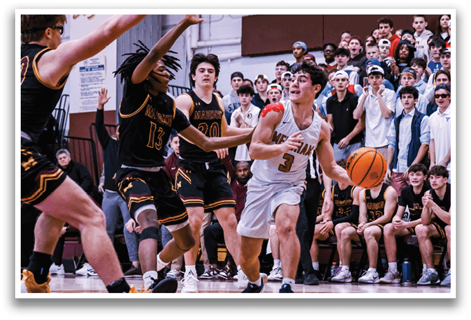 A basketball game is in progress with players on the court. A man is holding a basketball and is about to pass it to another player. The crowd is watching the game intently. AI generated content