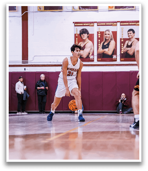 A basketball player is holding a ball on the court, surrounded by other players. AI generated content
