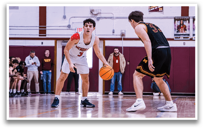Two basketball players are on the court, one holding a basketball and the other trying to block him. AI generated content