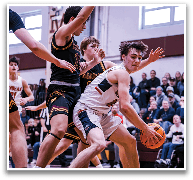 A group of people playing basketball, with one man trying to block another player from getting the ball. AI generated content