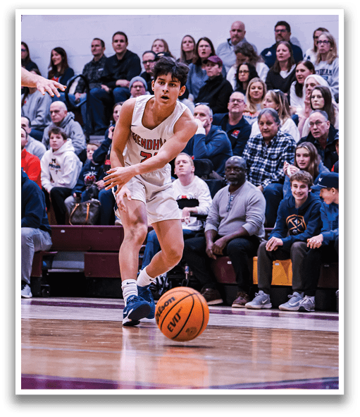 Two men playing basketball, one holding the ball. AI generated content
