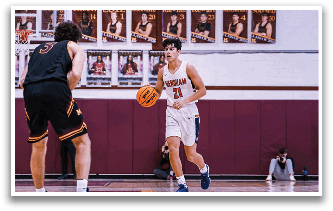 Two men playing basketball on a court. One man is holding a basketball and the other is running towards him. AI generated content