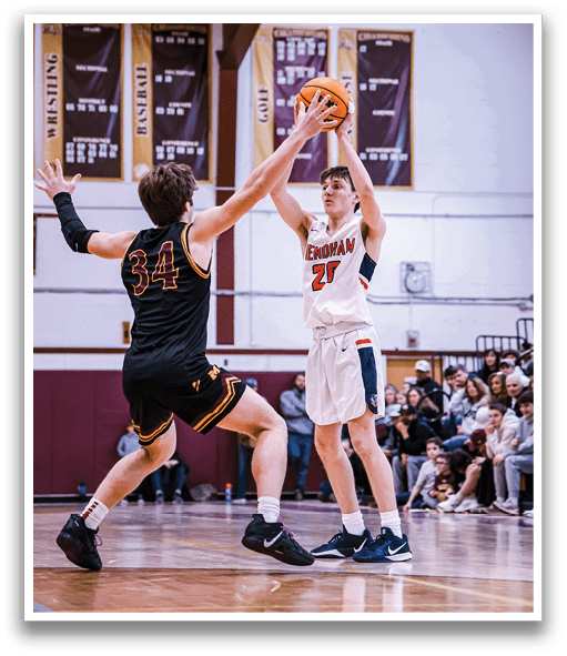 Two men are playing basketball, one is trying to block the other from getting the ball. AI generated content