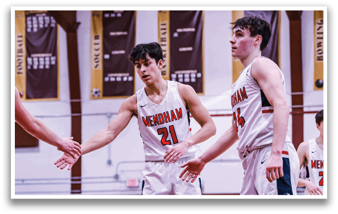 Two basketball players shake hands with each other on the court. AI generated content